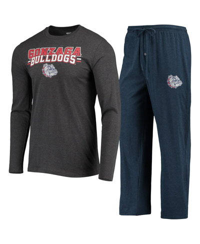 CONCEPTS SPORT MEN'S CONCEPTS SPORT NAVY, HEATHERED CHARCOAL DISTRESSED GONZAGA BULLDOGS METER LONG SLEEVE T-SHIRT 