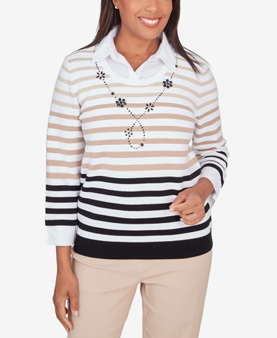 Alfred Dunner Plus Size Neutral Territory Collar Trimmed Embellished Stripe Two In One Sweater In Multi