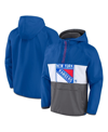 FANATICS MEN'S FANATICS BLUE NEW YORK RANGERS FLAGRANT FOUL ANORAK RAGLAN HALF-ZIP HOODIE JACKET