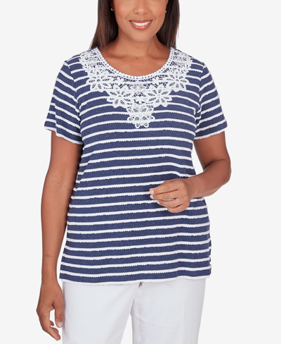 Alfred Dunner Petite Classic Neutrals Lace Neck Striped Split Hem T-shirt In Denim