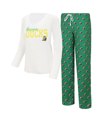 Concepts Sport Women's  White, Green Oregon Ducks Long Sleeve V-neck T-shirt And Gauge Pants Sleep Se In White,green
