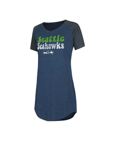 Concepts Sport Women's  Navy, Charcoal Distressed Seattle Seahawks Raglan V-neck Nightshirt In Navy,charcoal
