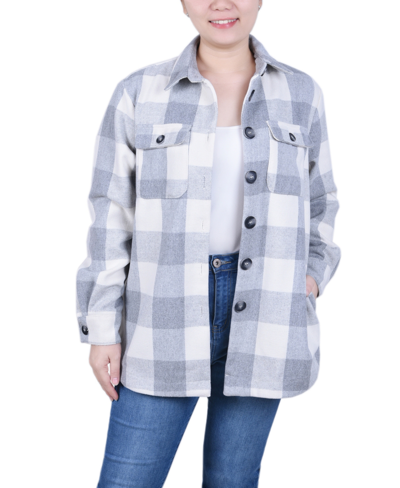 Ny Collection Women's Long Sleeve Twill Shirt Jacket In Gray White Plaid