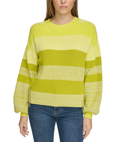 Dkny Jeans Women's Striped Side-zip Blouson-sleeve Sweater In Fe - Limonata Combo