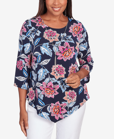 Alfred Dunner Petite Classic Puff Floral Necklace Top In Navy
