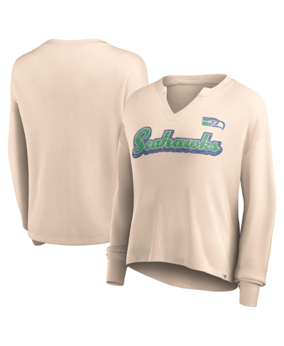 Fanatics Women's  Tan Distressed Seattle Seahawks Go For It Notch Neck Waffle Knit Long Sleeve T-shir