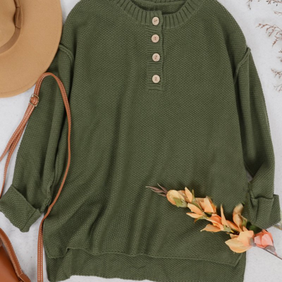 Anna-kaci Soft Ribbed Knit Half Button Up Sweater In Green