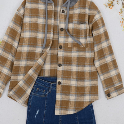 Anna-kaci Contrast Hood Plaid Shacket In Brown