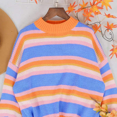 Anna-kaci Round Neck Retro Striped Sweater In Orange