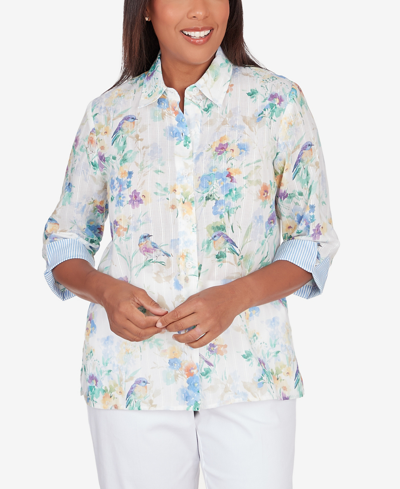 Alfred Dunner Petite Classic Pastels Painted Birds Button Down Top In Multi