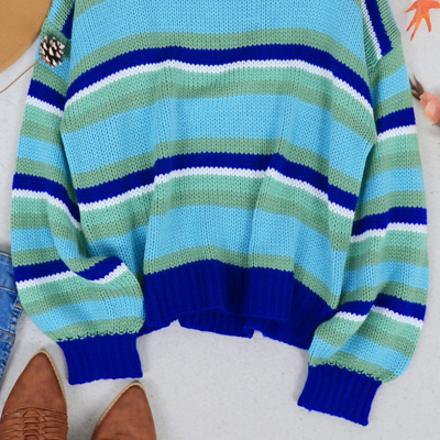 Anna-kaci Round Neck Retro Striped Sweater In Blue