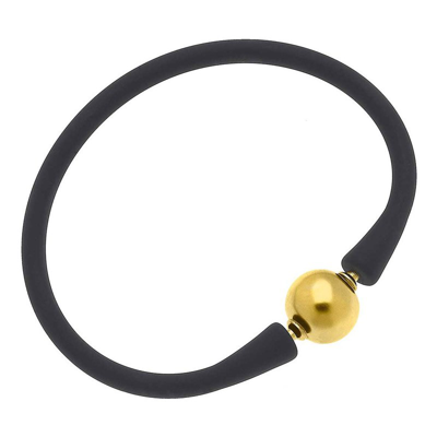Canvas Style Bali 24k Gold Plated Ball Bead Silicone Bracelet In Black