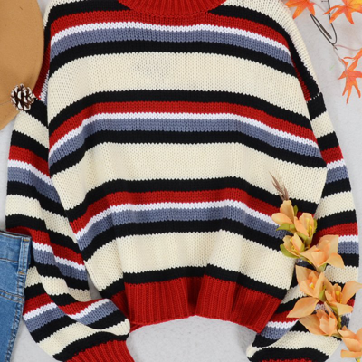 Anna-kaci Round Neck Retro Striped Sweater In Red