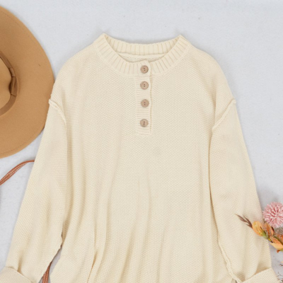 Anna-kaci Soft Ribbed Knit Half Button Up Sweater In White