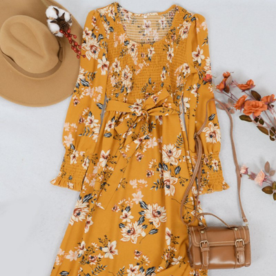 Anna-kaci Scoop Neck Shirred Floral Dress In Yellow