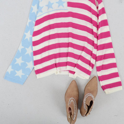 Anna-kaci American Flag Print Crew Neck Sweater In Pink