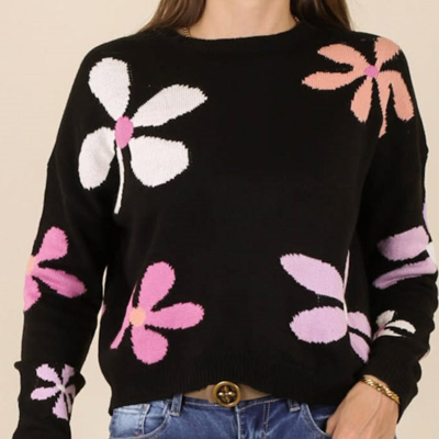 Anna-kaci Multicolor Floral Print Sweater In Black