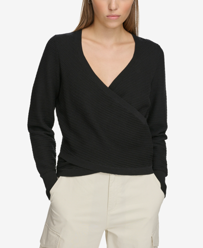 Dkny Jeans Women's Ribbed Long-sleeve Wrap Sweater In Blk - Black