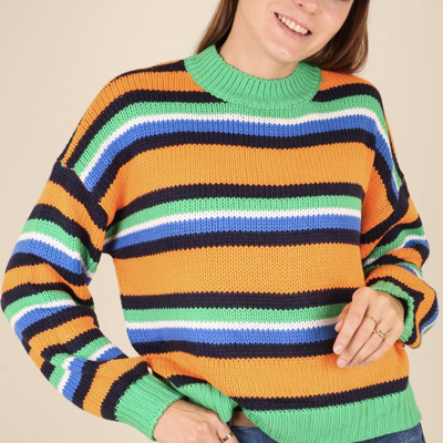 Anna-kaci Round Neck Retro Striped Sweater In Green