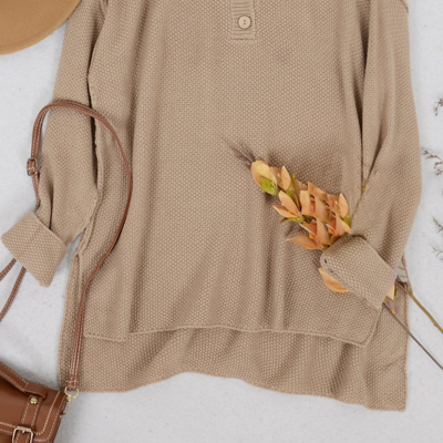 Anna-kaci Soft Ribbed Knit Half Button Up Sweater In Brown
