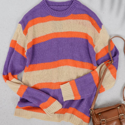 Anna-kaci Striped Color Block Knitted Round Neck Sweater In Purple