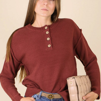 Anna-kaci Soft Ribbed Knit Half Button Up Sweater In Red