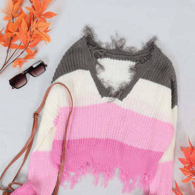 Anna-kaci Tassel Frayed Hem Patterned Sweater In Pink