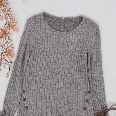 Anna-kaci Curved Hem Side Button Sweater In Grey