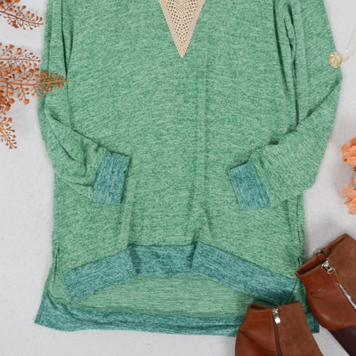 Anna-kaci Two Tone Crochet V Neck Sweater In Green
