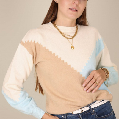 Anna-kaci Color Block Geometric Design Sweater In White