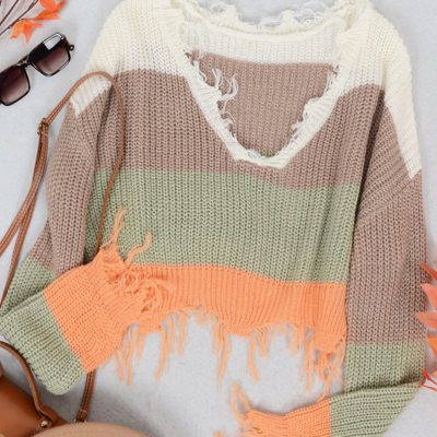 Anna-kaci Tassel Frayed Hem Patterned Sweater In Orange