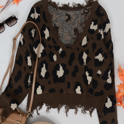 Anna-kaci Tassel Frayed Hem Patterned Sweater In Brown