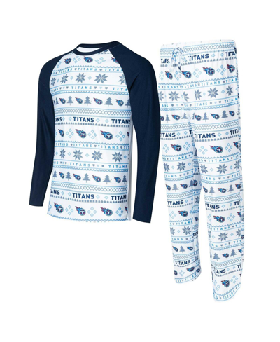 CONCEPTS SPORT MEN'S CONCEPTS SPORT WHITE, NAVY TENNESSEE TITANS TINSEL RAGLAN LONG SLEEVE T-SHIRT AND PANTS SLEEP 
