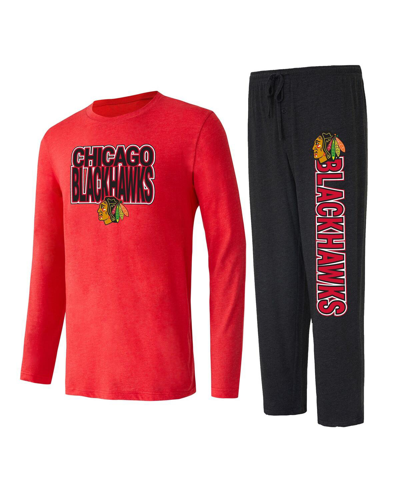 Concepts Sport Men's  Black, Red Chicago Blackhawks Meter Long Sleeve T-shirt And Pants Sleep Set In Black,red