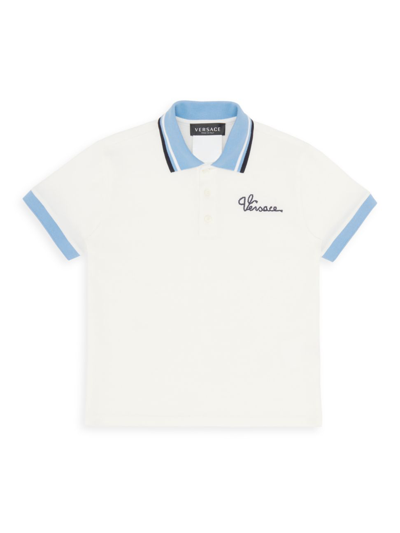 Versace Kids' Boy's Logo Piqué Polo In White Navy