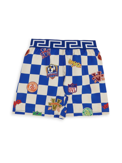 Versace Kids' Boys Blue Varsity Check Swim Shorts In Neutral