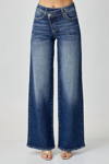 RISEN MID RISE CROSSOVER WIDE LEG JEANS IN BLUE