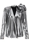 Magda Butrym Jersey Blouse With Rose Applique In Silver, Metallic