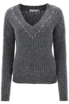 Alessandra Rich Wool Knit Sweater With Studs And Crystals In Grey