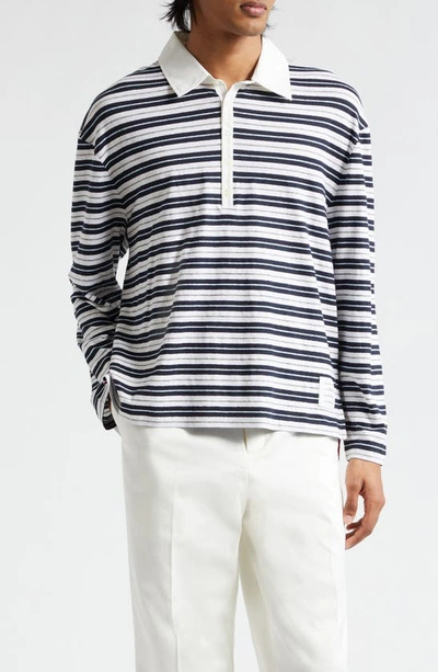 THOM BROWNE STRIPE RUGBY FIT LONG SLEEVE POLO