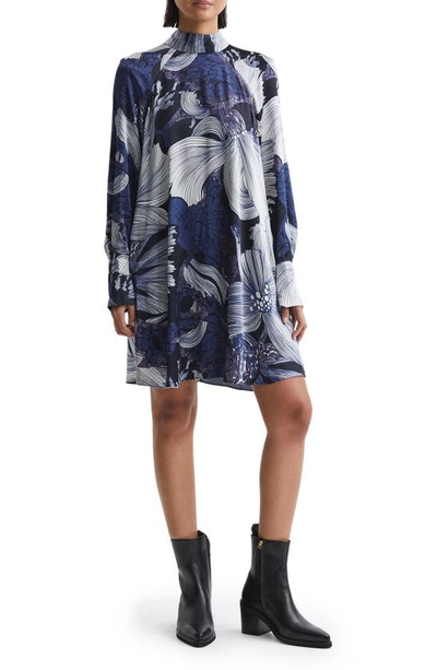 Reiss Blue/white Thea Relaxed Satin Printed Mini Dress In Blue White