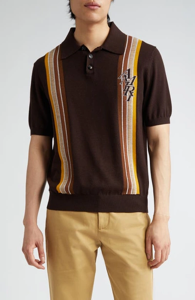 Amiri Striped Wool And Cotton Polo Jumper In Brown