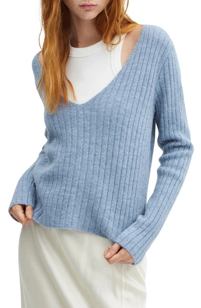 Mango V-neck Ribbed Knit Sweater Blue