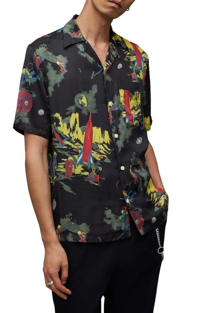 Allsaints Cosmonaut Retro Print Relaxed Fit Shirt In Jet Black