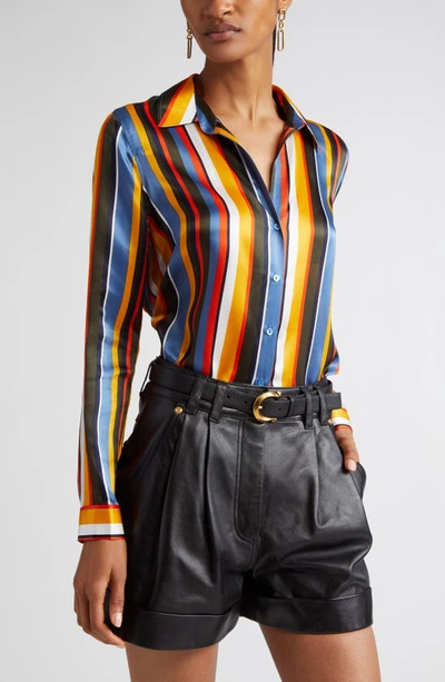 L'agence Tyler Striped Silk Shirt In Blue Horizon Multi Mixed Stripe