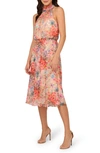 ADRIANNA PAPELL METALLIC FLORAL PRINT SLEEVELESS MIDI DRESS