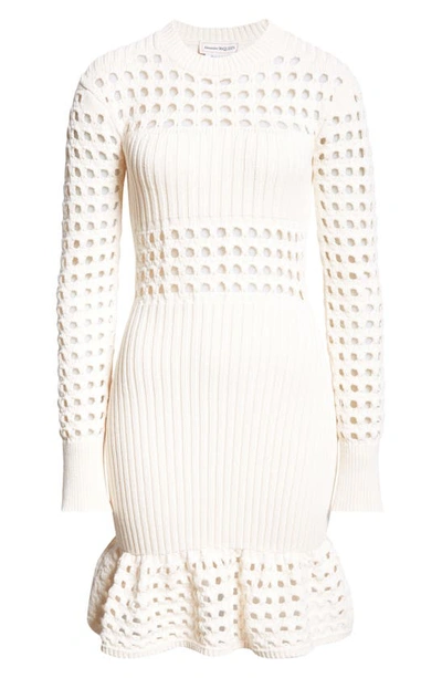 Alexander Mcqueen Crochet-panel Long-sleeve Mini Dress In Ivory