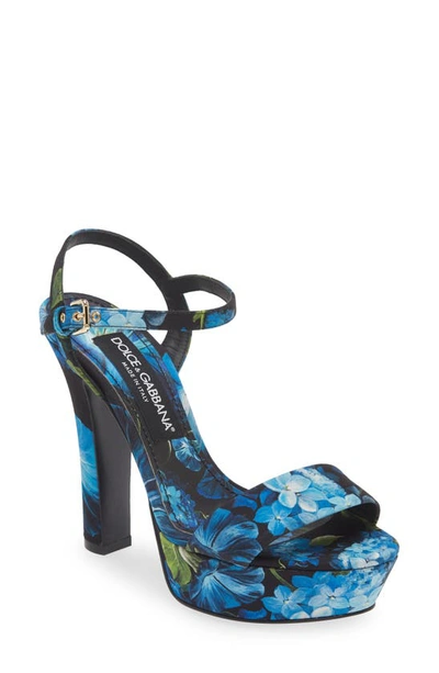 Dolce & Gabbana Floral Satin Platform Sandals In Black Blue