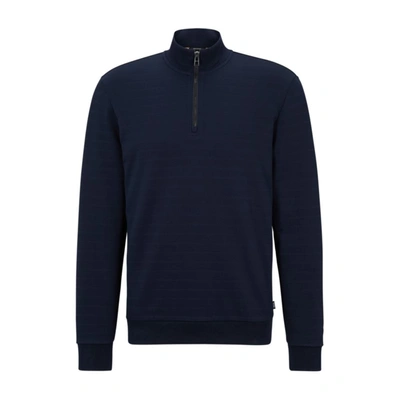 Hugo Boss Zip-neck Sweatshirt In Mercerized Cotton Jacquard In Blue