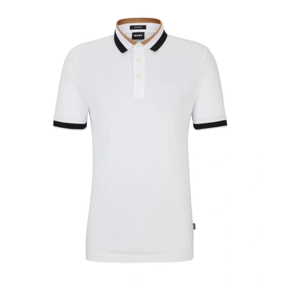Hugo Boss Mercerized-cotton Polo Shirt With Signature-stripe Collar In White